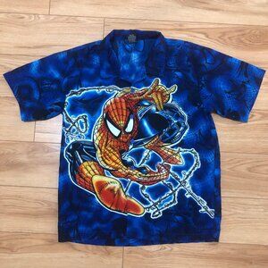 2002 RARE Marvel Tag SPIDER MAN Shirt Men's M Button Up Graphic All Over Blue